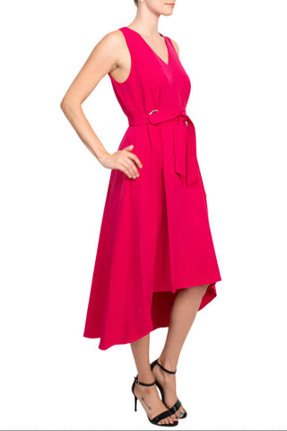 Emma & Michele V-Neck Sleeveless Tie Waist High-Low Hem Zipper Back Solid Maxi Scuba Dress - By Baano