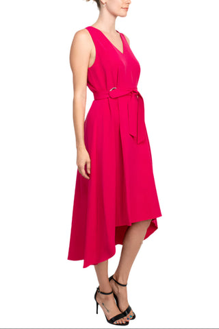 Emma & Michele V-Neck Sleeveless Tie Waist High-Low Hem Zipper Back Solid Maxi Scuba Dress - By Baano