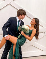 Spaghetti Strap green sequin long wedding dress slit prom dress formal gown