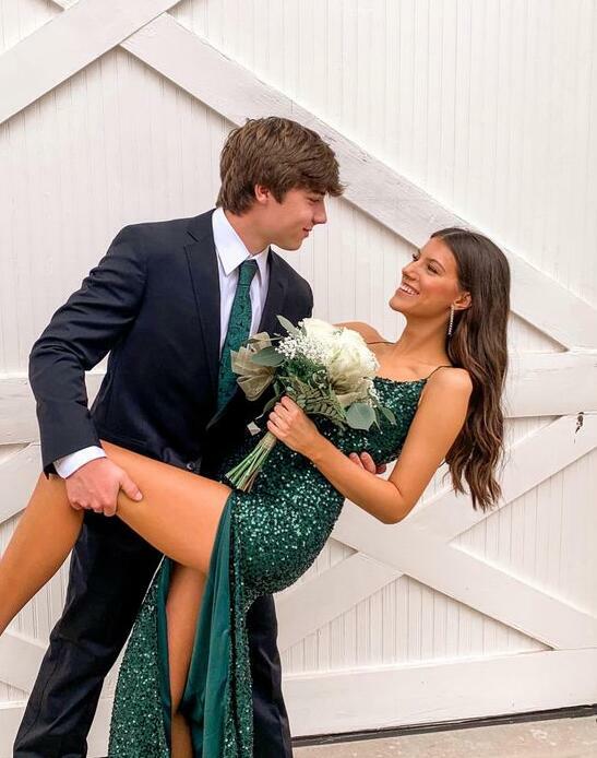 Spaghetti Strap green sequin long wedding dress slit prom dress formal gown