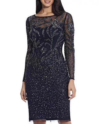 Adrianna Papell Boat Neck Long Sleeve Illusion Sequined Beaded Zipper Back Bodycon Mesh Dress - By Baano