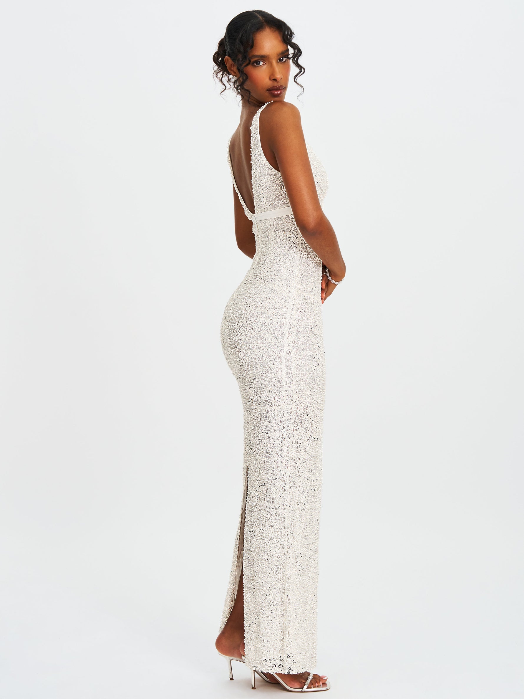 Adelaide White Beaded Sequin Net Bodycon Gown Miss Circle