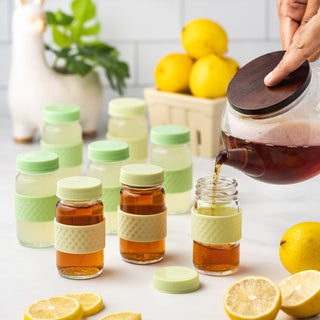 Glass Juice Shot Bottles Set w/ Colored Lids & Grip Bands, 8 Pack Set, 2oz