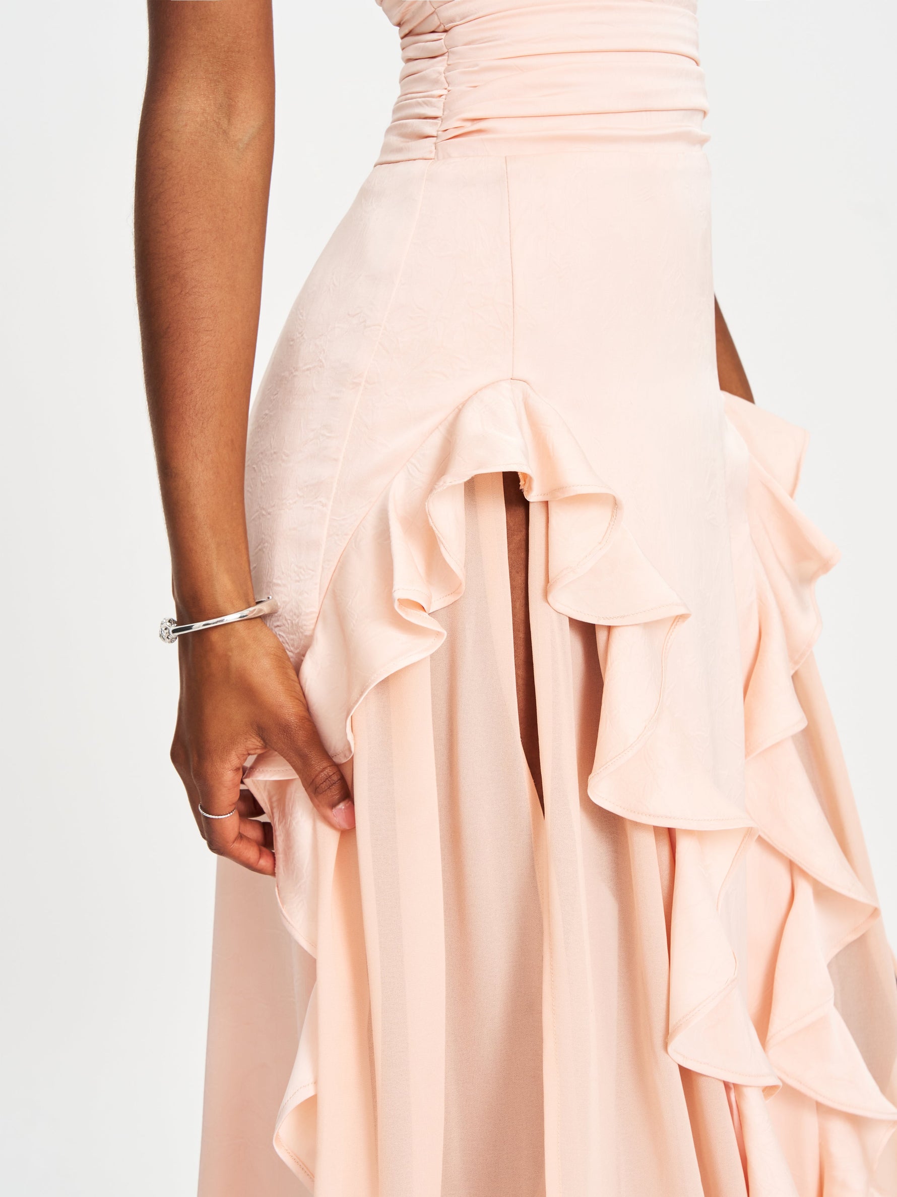 Talyssa Baby Pink Ruched Waist Double High Slit Maxi Gown (Archive Sale)