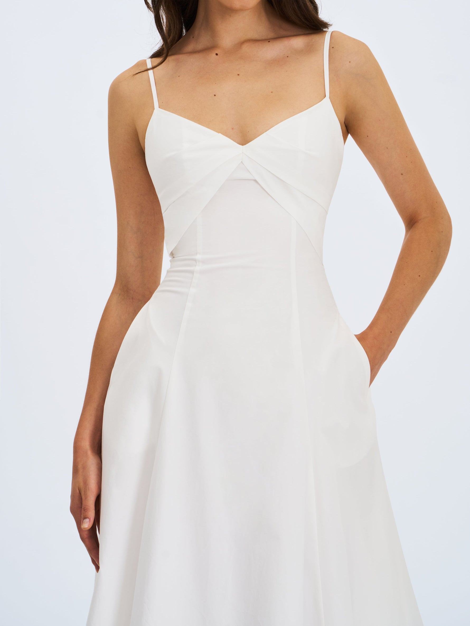 Corinne White Poplin Flared Midi Dress with Removable Bow Miss Circle