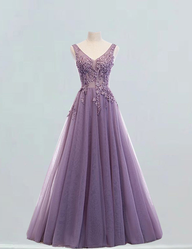Lilac v neck tulle ball gown lace applique bridal prom dress beading graduation bridal dress tulle floral evening party gown