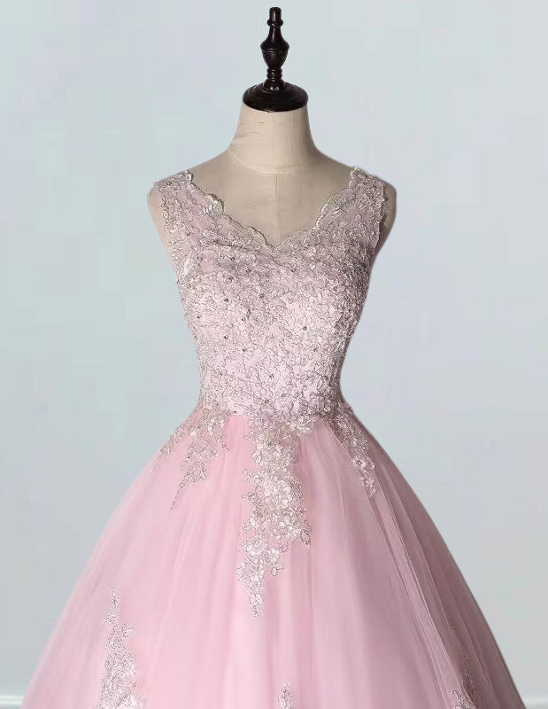 Pink V-Neck Beaded Lace Ball Gown | Elegant Prom & Evening Dress