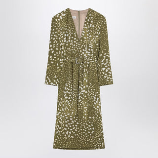 Dress With Belt And Khaki Green Print - By Baano