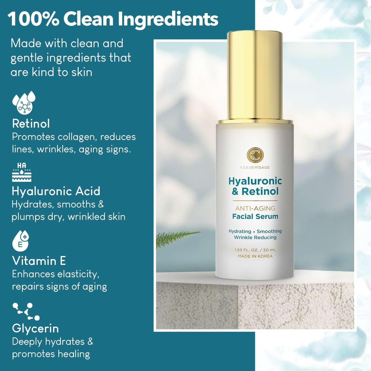 Hyaluronic Acid & Retinol Serum - Revitalizing Anti-Aging, Radiant Glowing Complexion, Wrinkle Reduction - Dermatologist Tested, Korean Skin Care, Clean Beauty - 1.69 Fl. Oz