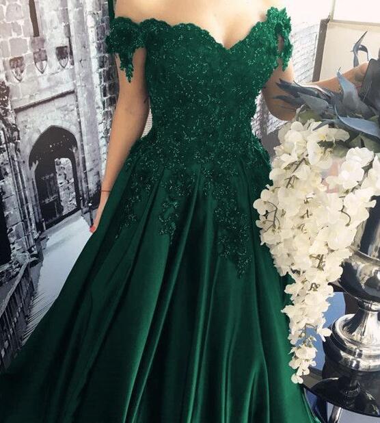 Green off the shoulder beading lace floral long satin prom dress ball gown wedding bridal dress