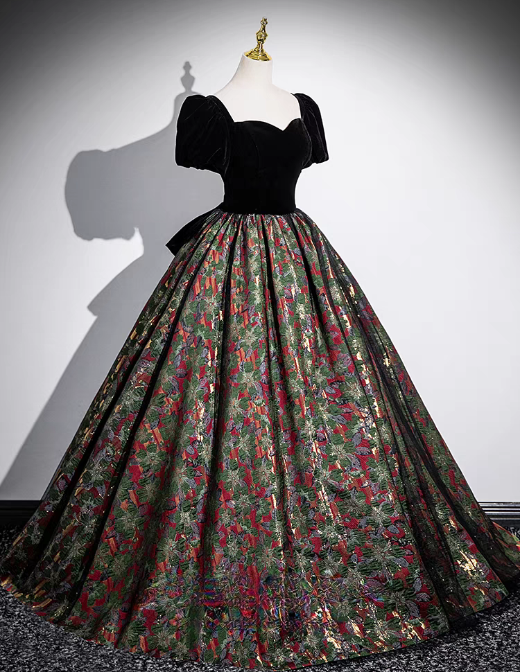 Bateau floral printed satin ball gown evening dress