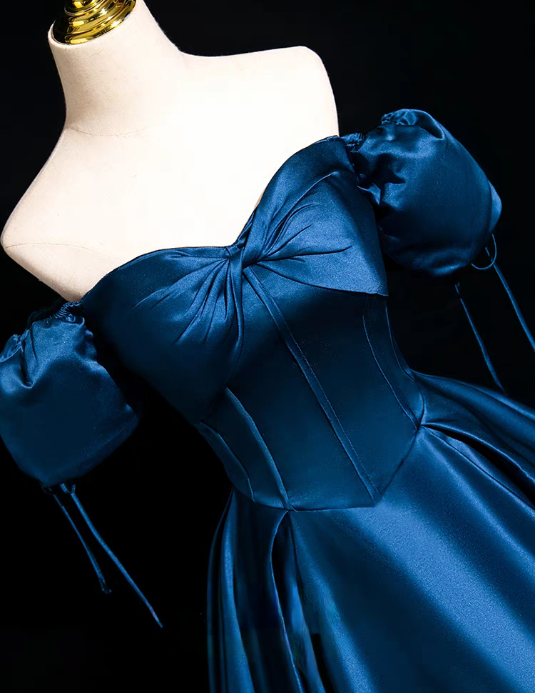 Blue pleated off the shoulder long satin ball gown evening dress