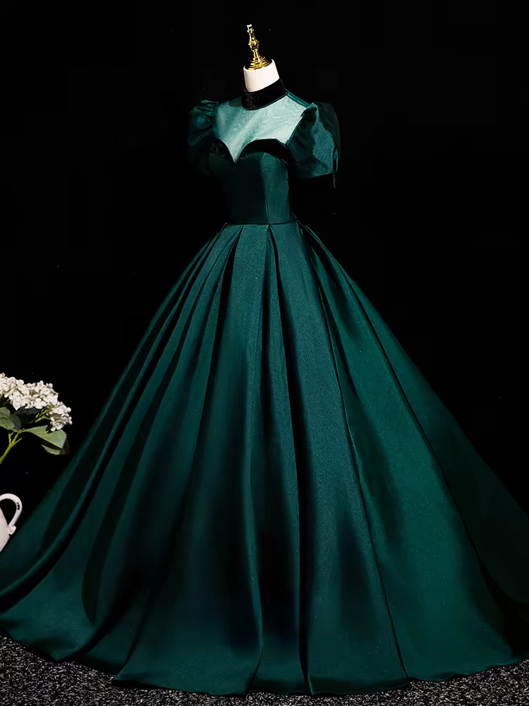 Green short sleeve long satin ball gown evening dress
