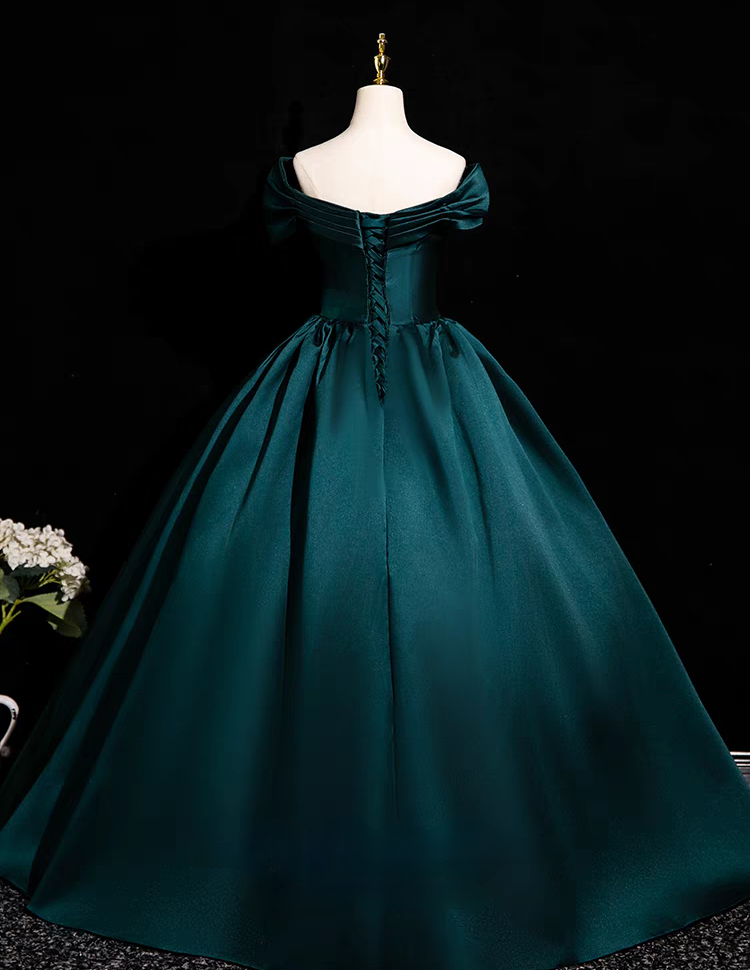 Green off the shoulder pleated long satin prom dress gown