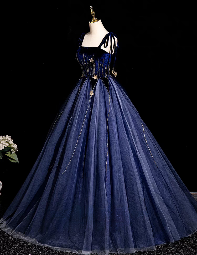 Navy blue beaded long tulle ball gown evening dress