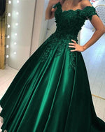 Green off the shoulder beading lace floral long satin prom dress ball gown wedding bridal dress