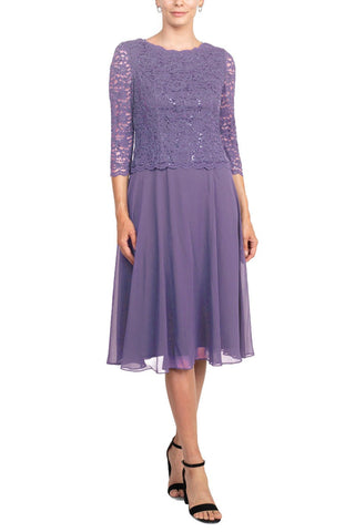 Alex Evenings Boat Neck 3/4 Sleeve Embellished Lace Bodice Zipper Back Solid Tea-Length Lace & Chiffon Dress - By Baano