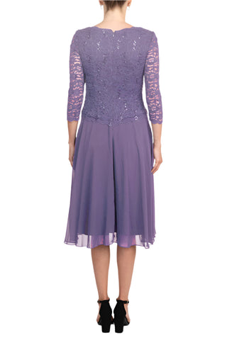 Alex Evenings Boat Neck 3/4 Sleeve Embellished Lace Bodice Zipper Back Solid Tea-Length Lace & Chiffon Dress - By Baano