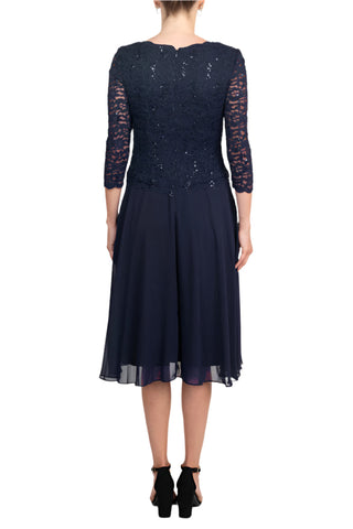 Alex Evenings Boat Neck 3/4 Sleeve Embellished Lace Bodice Zipper Back Solid Tea-Length Lace & Chiffon Dress - By Baano