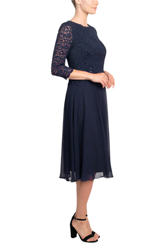Alex Evenings Boat Neck 3/4 Sleeve Embellished Lace Bodice Zipper Back Solid Tea-Length Lace & Chiffon Dress - By Baano