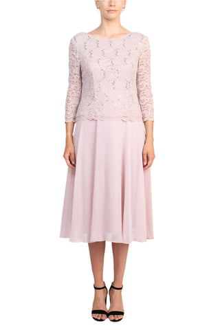 Alex Evenings Boat Neck 3/4 Sleeve Embellished Lace Bodice Zipper Back Solid Tea-Length Lace & Chiffon Dress - By Baano
