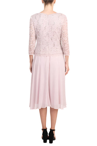 Alex Evenings Boat Neck 3/4 Sleeve Embellished Lace Bodice Zipper Back Solid Tea-Length Lace & Chiffon Dress - By Baano
