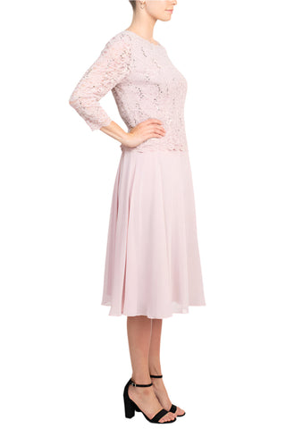 Alex Evenings Boat Neck 3/4 Sleeve Embellished Lace Bodice Zipper Back Solid Tea-Length Lace & Chiffon Dress - By Baano