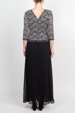 Alex Evenings Jewel Neck 3/4 Sleeve Lace Bodice V-Back Zipper Back Chiffon Skirt Dress - By Baano