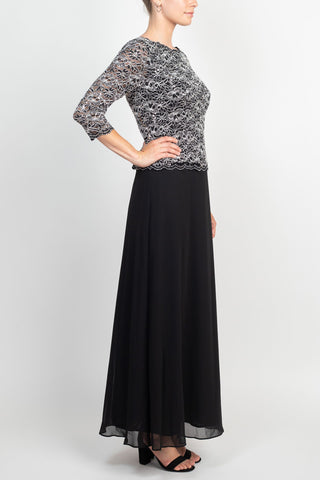 Alex Evenings Jewel Neck 3/4 Sleeve Lace Bodice V-Back Zipper Back Chiffon Skirt Dress - By Baano