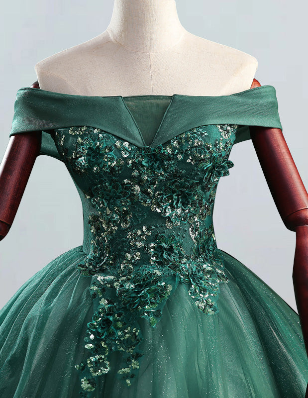 Elegant Green Tulle Off-Shoulder Ball Gown | Lace Applique Evening Dress