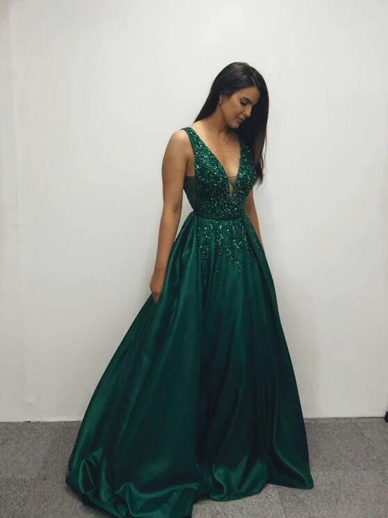 V neck beading lace long satin formal dress,green evening party dress prom gown