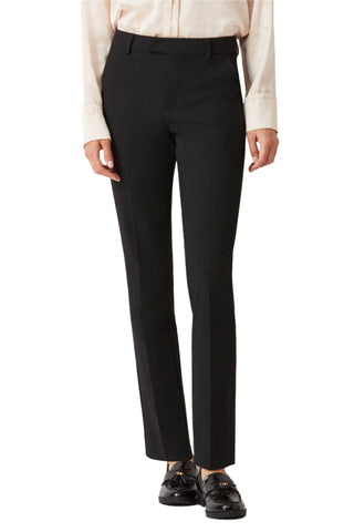 Ecru Designs Mid Waist Hook Button Zip Closure Belt Hoop Straight Solid Crepe Pant - Glamourous Grace