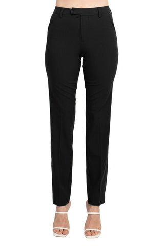 Ecru Designs Mid Waist Hook Button Zip Closure Belt Hoop Straight Solid Crepe Pant - Glamourous Grace