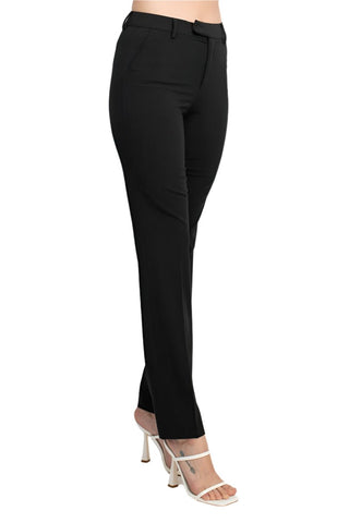 Ecru Designs Mid Waist Hook Button Zip Closure Belt Hoop Straight Solid Crepe Pant - Glamourous Grace