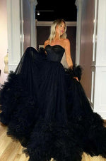 Black sweetheart long train wedding dress,fluffy prom dress ball gown