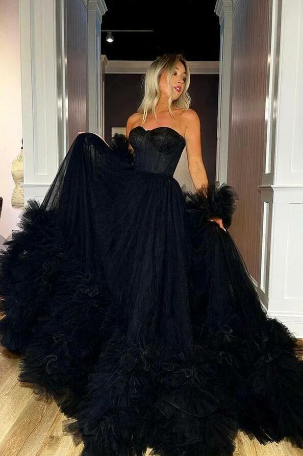 Black sweetheart long train wedding dress,fluffy prom dress ball gown