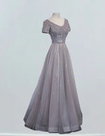 Grey v neck short sleeve beaded long tulle prom dress