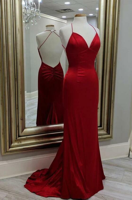 Spaghetti strap burgundy long evening dress,court train sexy prom gown