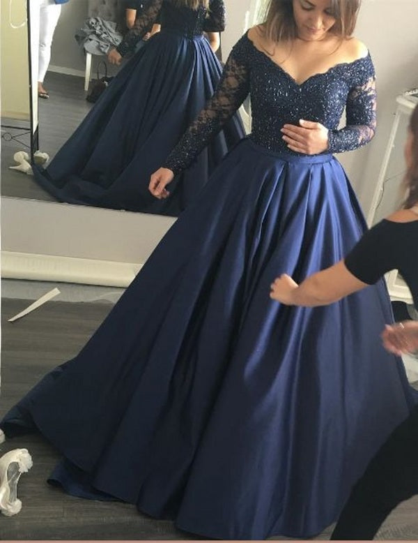 Off the shoulder long satin ball gown,navy blue beading lace evening gown,long sleeve formal dress
