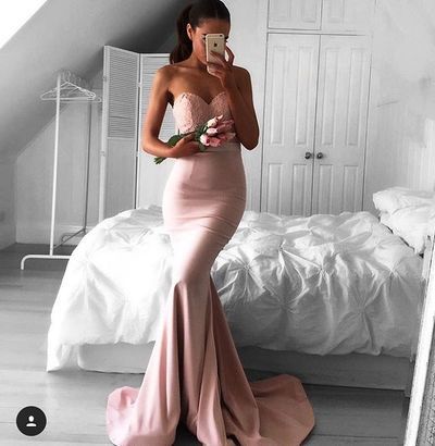 Sweetheart court train satin prom dress,pink lace mermaid evening party gown