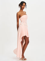 Mae Pink Ruched Breast Appliqué Trim Trailing Dress