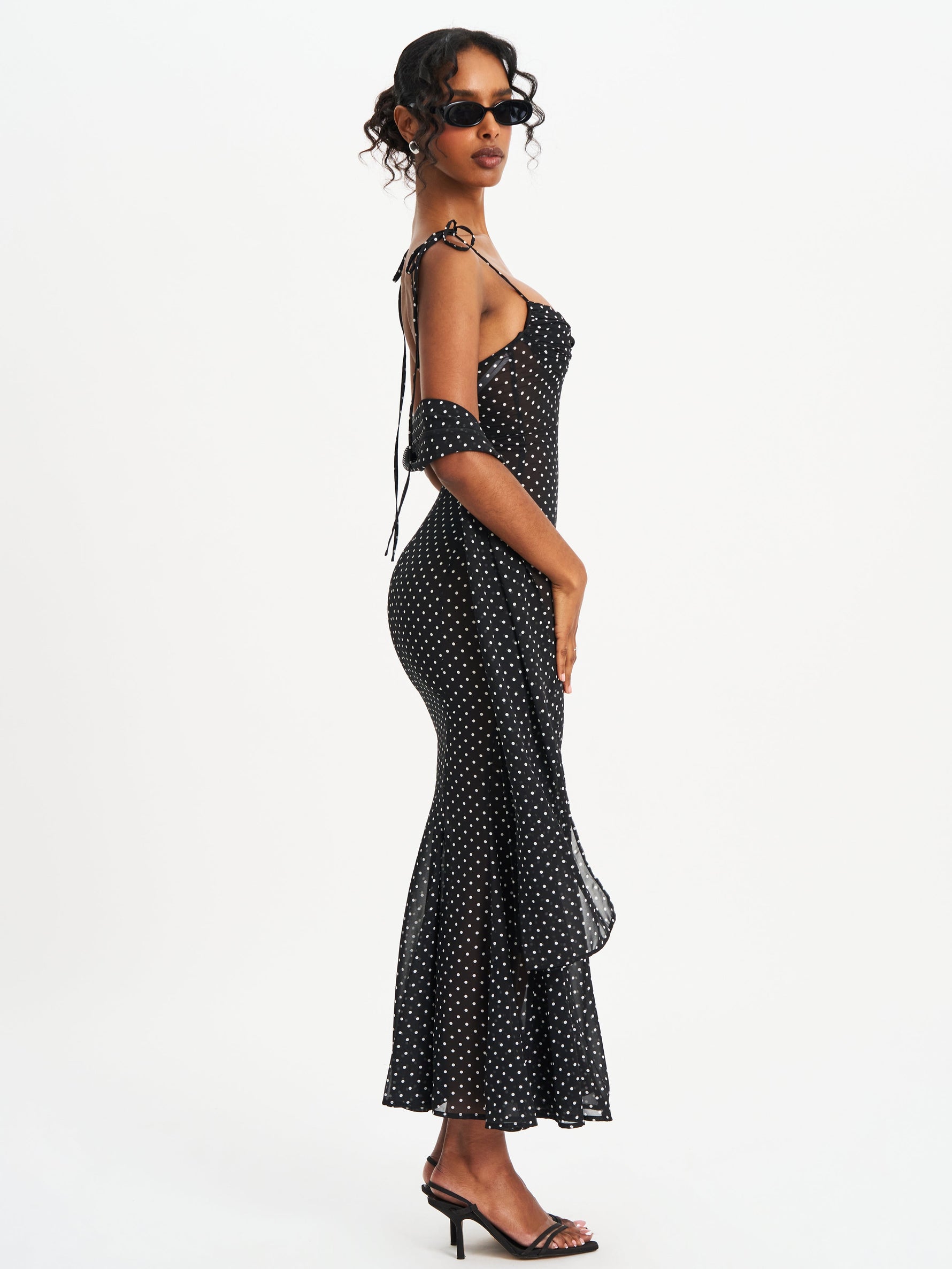 Yadira Black Base Polka Dot Chiffon Maxi Dress Miss Circle