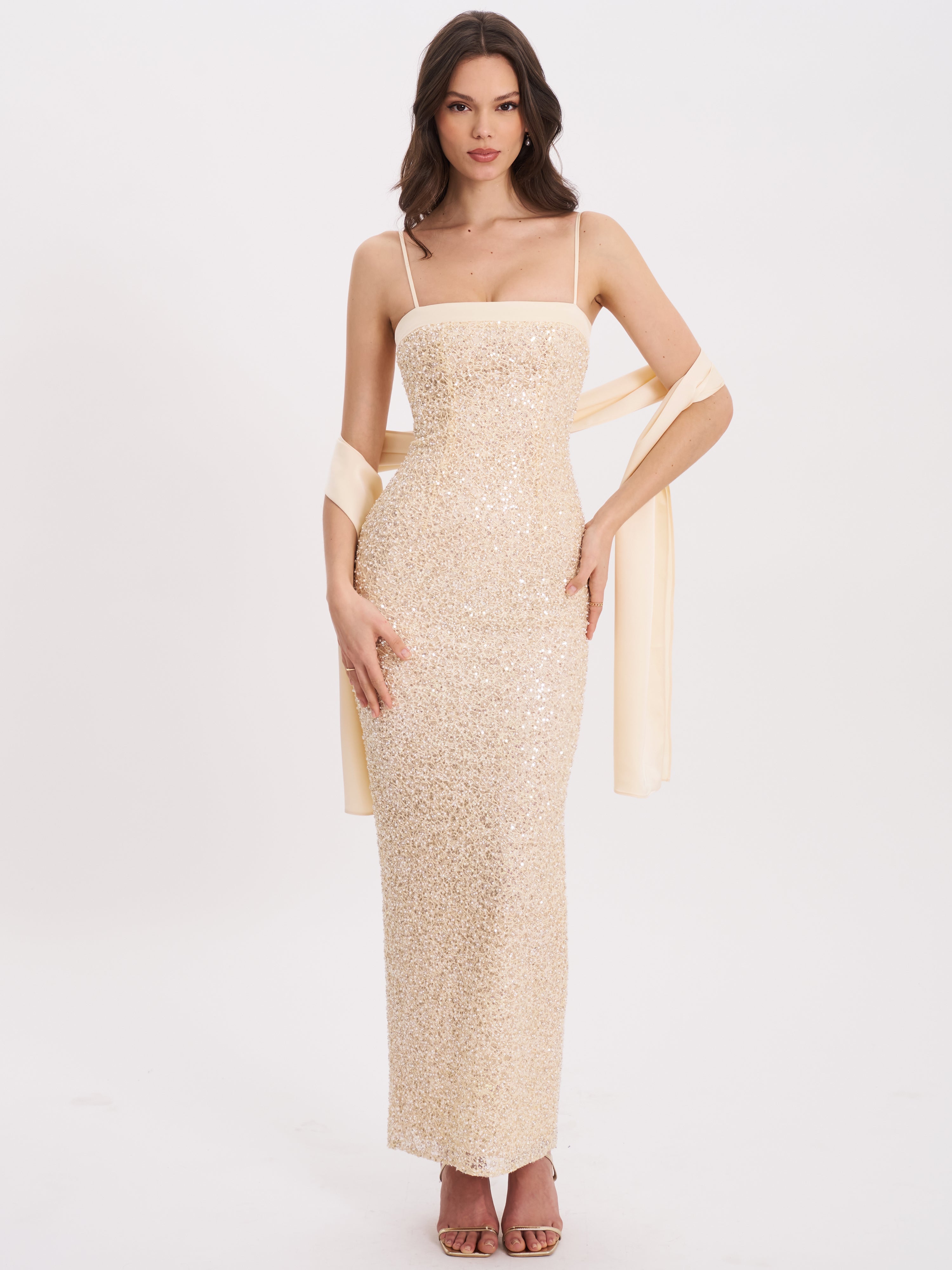 Raizel Gold Beaded Sequin Bodycon Gown with Scarf Miss Circle