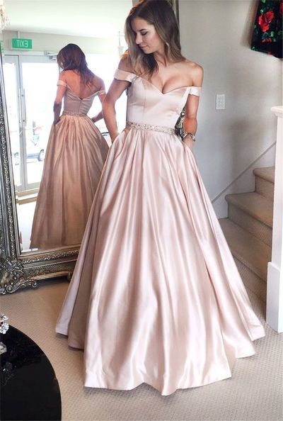 Pink off the shoulder long satin prom dress,beading evening party dress wedding party gown