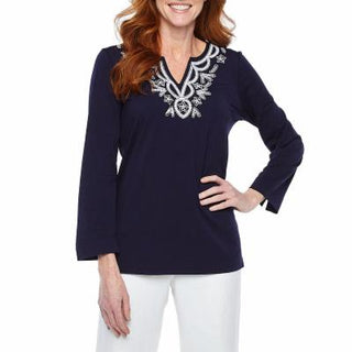 Evan Picone Embellished V-Neck Long Sleeve Solid Cotton Top - By Baano