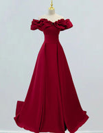 Burgundy Satin Off-Shoulder Prom Gown, Ruffle Ball Gown Dress for Girls, Elegant Evening Wear