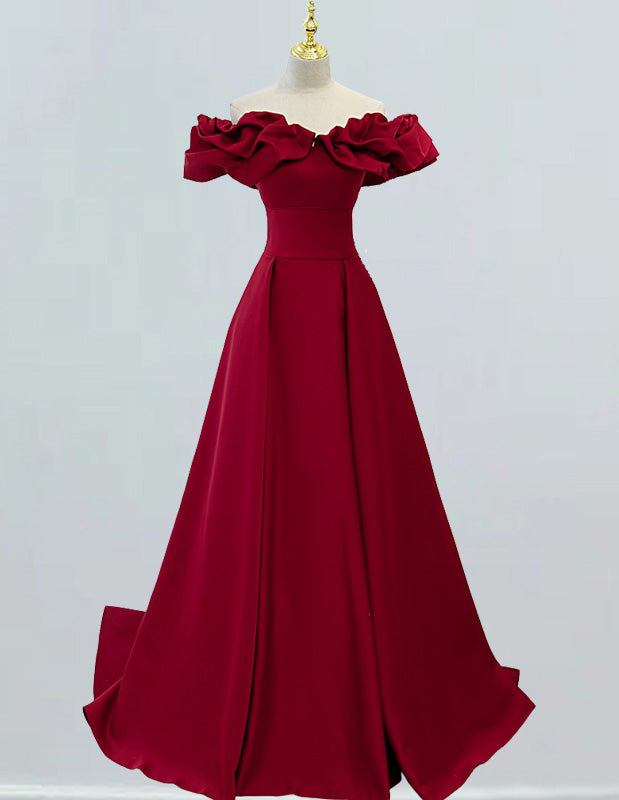 Burgundy Satin Off-Shoulder Prom Gown, Ruffle Ball Gown Dress for Girls, Elegant Evening Wear