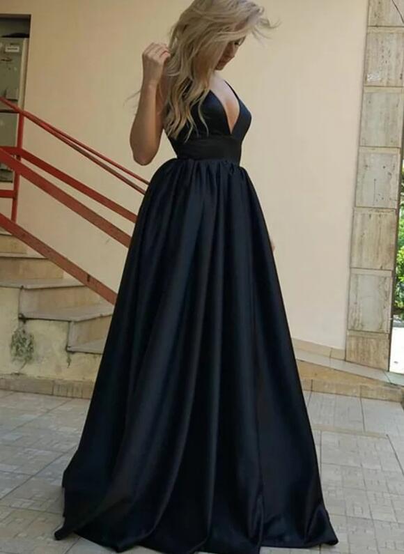 V neck navy long satin prom dress ball gown,evening party dress