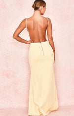 Spaghetti strap long formal dress,slit backless yellow prom dress gown