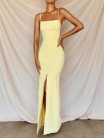Spaghetti strap long formal dress,slit backless yellow prom dress gown